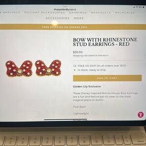 Golden Lily - Disney Bow with Rhinestone Stud Earrings - Red - BNWT